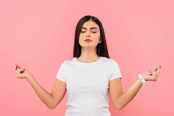 Calm Pretty Brunette Girl Meditating Closed Eyes Isolated Pink — Stock Photo, Image