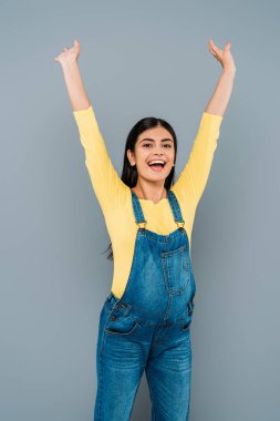 Mutlu, hamile, elleri havada güzel bir kız. Gri üzerine izole edilmiş.