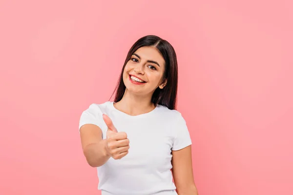 Felice Bella Ragazza Bruna Mostrando Pollice Isolato Rosa — Foto Stock