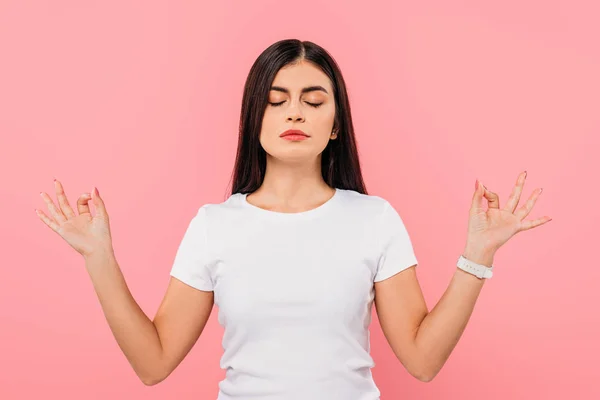 Calm Pretty Brunette Girl Meditating Closed Eyes Isolated Pink — Stock Photo, Image