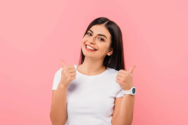 Happy Pretty Brunette Girl Showing Thumbs Isolated Pink — Stock Photo, Image