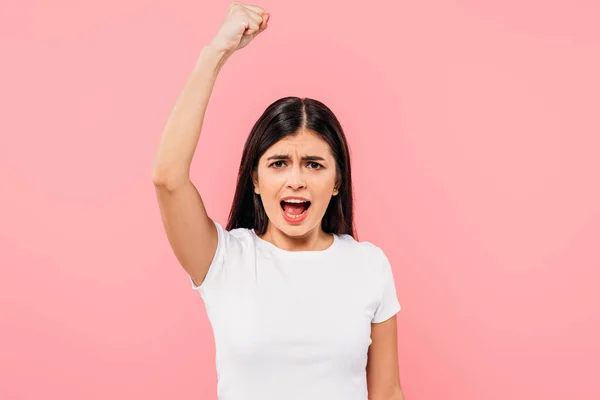 Angry Pretty Brunette Girl Protesting Isolated Pink — ストック写真