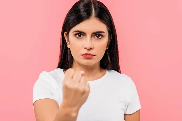 Angry Pretty Brunette Girl Showing Fist Isolated Pink — Stock Photo, Image