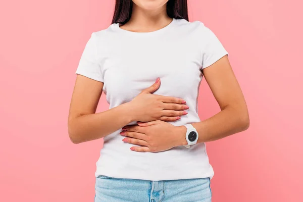 Cropped View Girl Suffering Stomachache Isolated Pink — Stock Photo, Image