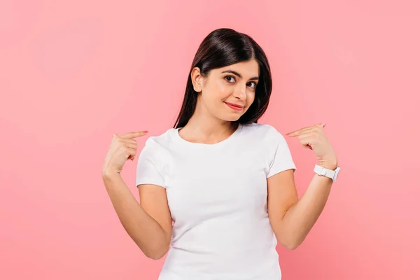Smiling Pretty Brunette Girl Pointing Fingers Herself Isolated Pink — Stock Photo, Image