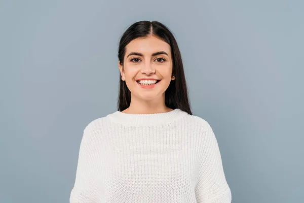 Smiling Pretty Brunette Girl White Sweater Isolated Grey — Stock Photo, Image