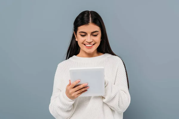 Smiling Pretty Brunette Girl White Sweater Using Digital Tablet Isolated — ストック写真