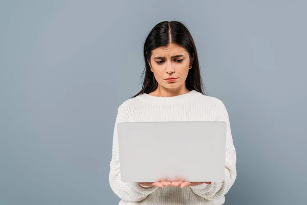 Sad Pretty Brunette Girl White Sweater Holding Laptop Isolated Grey — Stock Photo, Image