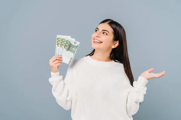 Smiling Pretty Girl White Sweater Holding Euro Banknotes Isolated Grey — Stock Photo, Image