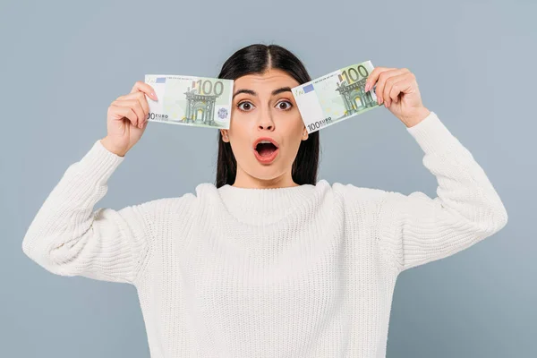 Surprised Pretty Girl White Sweater Holding Euro Banknotes Isolated Grey — Stock Photo, Image
