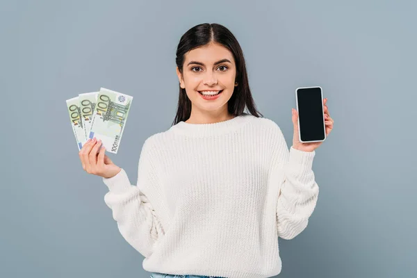 Smiling Pretty Girl White Sweater Holding Euro Banknotes Smartphone Blank — Stock Photo, Image