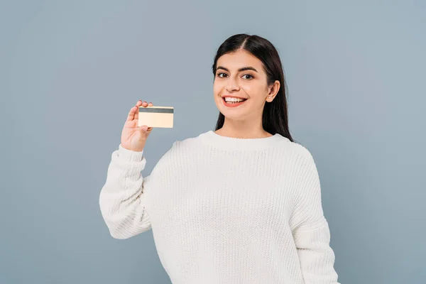 Smiling Pretty Girl White Sweater Holding Credit Card Isolated Grey — Stock Photo, Image