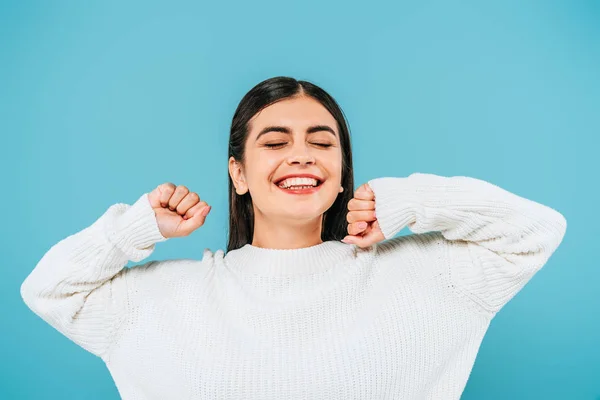 Smiling Pretty Girl White Sweater Closed Eyes Isolated Blue — Stock Photo, Image