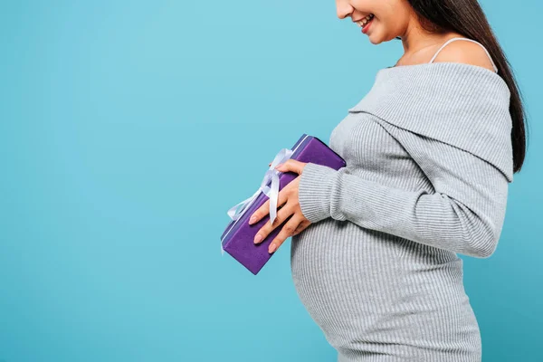 Partial View Smiling Pregnant Pretty Girl Holding Present Isolated Blue — Stock Photo, Image