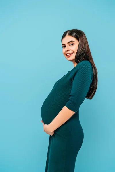 Side View Smiling Pregnant Girl Touching Belly Isolated Blue — Stock Photo, Image