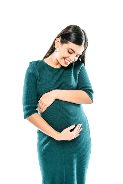 笑着的怀孕女孩摸着被白色隔离的肚子 — 图库照片