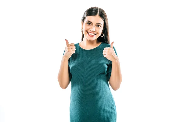 Sorrindo Menina Grávida Mostrando Polegares Para Cima Isolado Branco — Fotografia de Stock