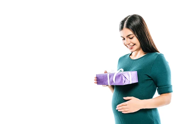 Smiling Pregnant Girl Holding Present Isolated White — Stock Photo, Image