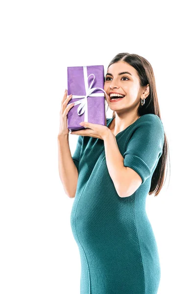 Happy Pregnant Girl Holding Present Isolated White — Stock Photo, Image