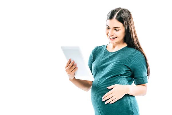 Niña Embarazada Sonriente Utilizando Tableta Digital Aislada Blanco — Foto de Stock