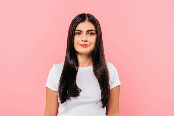 Sorrindo Menina Bonita Isolado Rosa — Fotografia de Stock