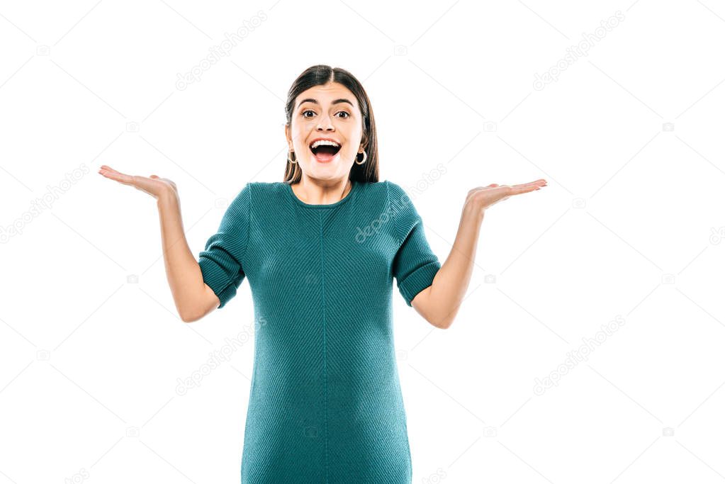 happy pregnant girl showing shrug gesture isolated on white