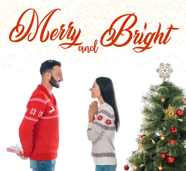 Happy Bearded Man Holding Gift Woman Christmas Tree Isolated White — Stock Photo, Image