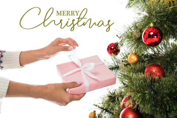 Cropped View Woman Holding Pink Present Christmas Tree Isolated White — Stock Photo, Image