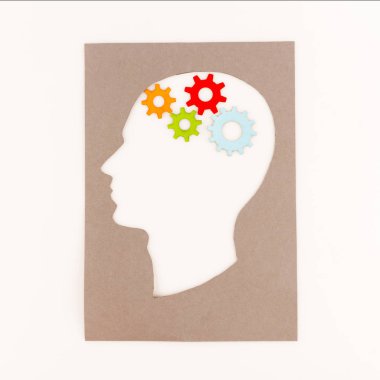 top view of human head silhouette with gears isolated on white clipart