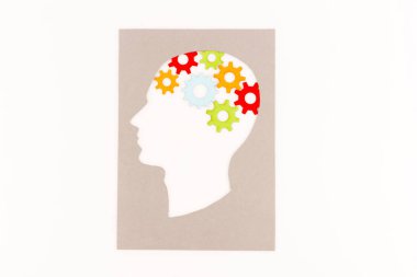 top view of human head silhouette with gears isolated on white clipart