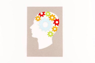 top view of human head silhouette with gears isolated on white clipart