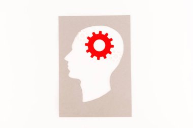 top view of human head silhouette with red gear isolated on white clipart