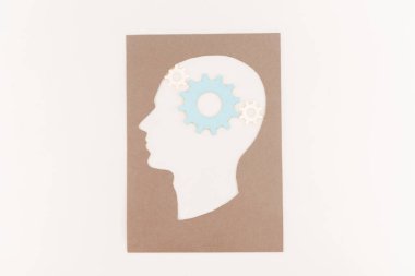 top view of human head silhouette with blue gear isolated on white clipart