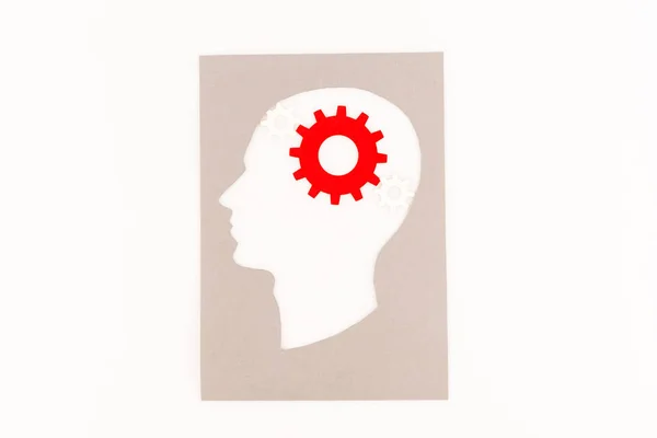 Top View Human Head Silhouette Red Gear Isolated White — Stock Photo, Image