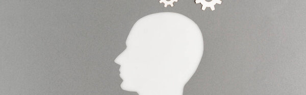 top view of cut out white human head with gears isolated on grey, panoramic shot