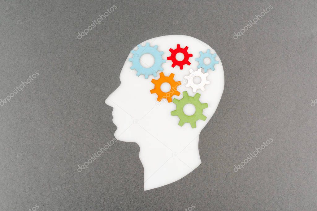 top view of cut out white human head with colorful gears isolated on grey