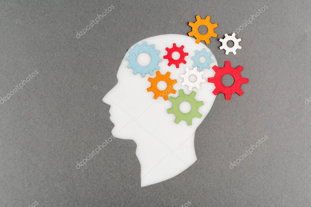 top view of cut out white human head with colorful gears isolated on grey