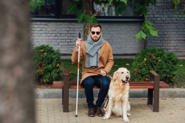 Blind man sitting on bench beside guide dog on street clipart