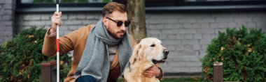 Kör adamın sokakta rehber köpeğe sarılmasının panoramik görüntüsü. 