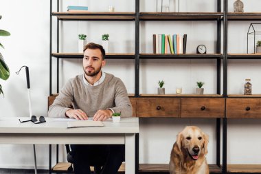 Kör adam masada kitap okuyor ve golden retriever yanında oturuyor. 