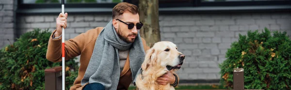 Panoramaaufnahme Eines Blinden Mannes Der Blindenhund Auf Der Straße Umarmt — Stockfoto