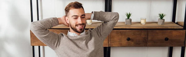 Smiling Man Hands Head Looking Home Panoramic Shot — Stock Photo, Image