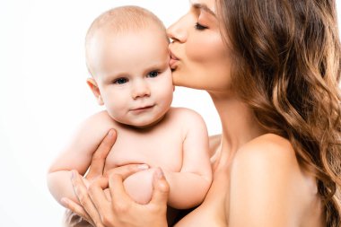 portrait of nude mother kissing adorable baby, isolated on white clipart