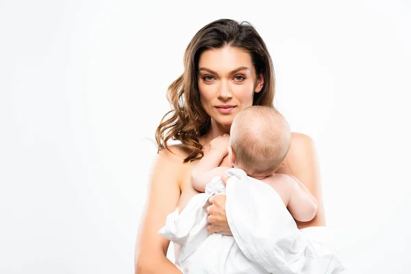 Portret Van Mooie Naakte Moeder Knuffelen Baby Jongen Geïsoleerd Wit — Stockfoto