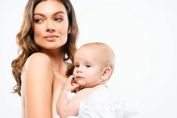 Ritratto Bella Madre Nuda Che Abbraccia Bambino Isolato Bianco — Foto Stock