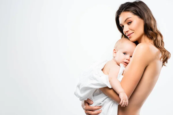 Portrait Smiling Naked Mother Hugging Baby Isolated White — Stock Photo, Image