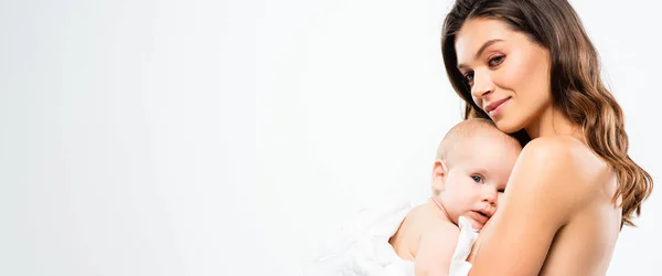 Panoramic Shot Cheerful Naked Mother Hugging Baby Isolated White — Stock Photo, Image