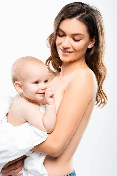 Retrato Mãe Nua Alegre Segurando Bebê Isolado Branco — Fotografia de Stock