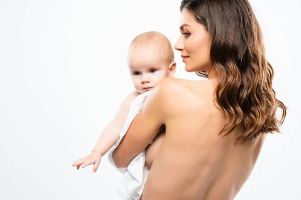 Ritratto Tenera Madre Nuda Che Tiene Braccio Bambino Isolato Bianco — Foto Stock