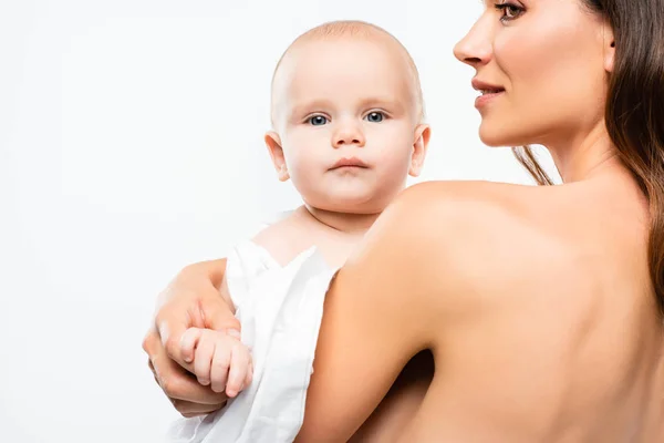 Potret Lembut Ibu Memeluk Bayi Laki Laki Terisolasi Atas Putih — Stok Foto